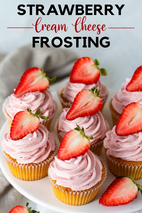 A plate of vanilla cupcakes with strawberry frosting and a sliced strawberry on top. Strawberry Cream Cheese Frosting Easy, Homemade Strawberry Cupcakes, Healthy Smash Cake, Cream Cheese Frosting Easy, Cream Cheese Cupcakes, Strawberry Things, Strawberry Cream Cheese Frosting, Strawberry And Cream, Cupcake Images