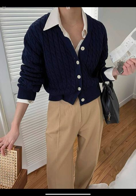 Navy Blue Cardigan Outfit, Navy Cardigan Outfit, Blue Cardigan Outfit, Knit Cardigan Outfit, Blue And White Outfits, Outing Outfit, Sleeve Placket, Trouser Outfit, Cardigan Outfit