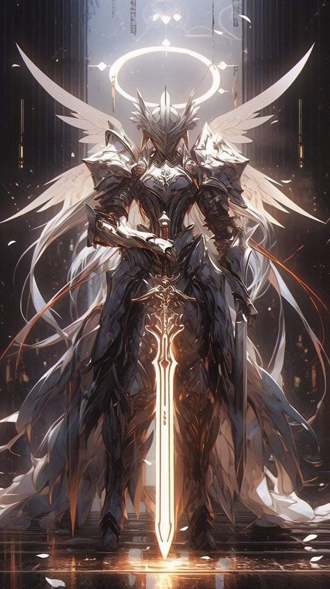 Angelic Warrior, Anime Knight, Dark Fantasy Artwork, Female Armor, Angel Warrior, Knight Art, Fantasy Theme, Gundam Art, Fantasy Armor