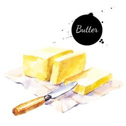 watercolor stick of butter and knife. isolated eco natural food illustration on white background Watercolor Food Illustration, Vegetable Sticks, Baking Logo, Recipe Drawing, Stick Butter, Food Sketch, Food Clipart, Food Cartoon, Watercolor Food