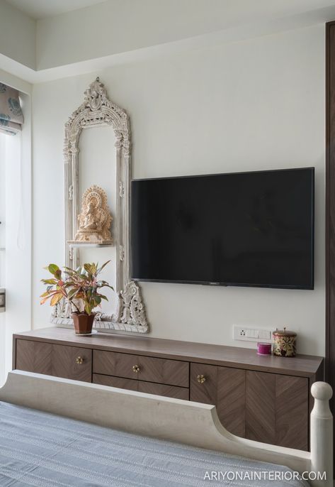 Traditional Tv Unit Design, Tv Unit Traditional, Bangalore House, Mandir Designs, Room Texture, Indian Room Decor, Tv Unit Furniture Design, Temple Design For Home, Living Room Tv Unit