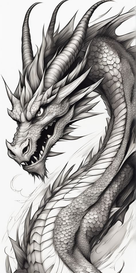 A black and white anime style dragon tattoo design, rich in intricate detailing, takes center stage over a blank canvas. The dragon's powerful form and intense gaze add a captivating aura. Black And Gray Dragon Tattoo, Black And White Dragon Tattoo, Black And White Anime, Mermaid Artwork, Dragon Tattoos, Amazing Tattoos, Dragon Illustration, Dragon Tattoo Designs, Battle Royal