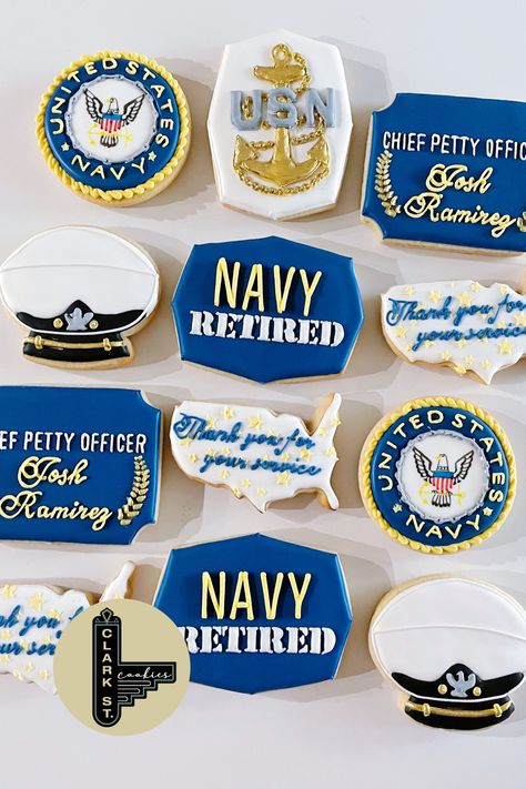 Navy Retirement Cookies, Naval Retirement Party Ideas, Navy Cookies Decorated, Navy Retirement Party Ideas, Navy Retirement Party, Navy Cookies, Navy Cupcakes, Retirement Reception, Navy Retirement