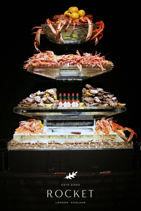 Seafood Display Ideas, Seafood Tower Display, Food Tower Ideas, Seafood Catering, Rocket Food, Holiday Seafood Recipes, Seafood Display, Buffet Set Up, Seafood Shop