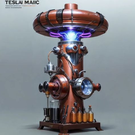 The image is of a steampunk-style Tesla coil. It has a large copper coil at the top, with a smaller coil below it. There are several glass tubes and other objects attached to the coil, and it is surrounded by a metal frame. The coil is giving off a blue electrical glow. Tesla Coil Art, Steampunk Electricity, Tesla Coil, Dungeon Maps, Steampunk Style, Image Generator, Steampunk Fashion, Coils, Tesla