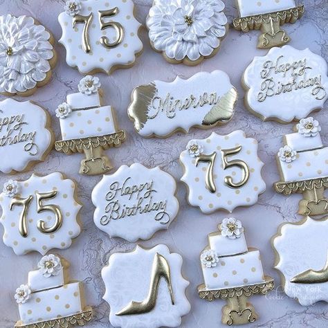 Decorated Sugar Cookies Ideas, Initial Cookies, Birthday Cookies Decorated, 50th Anniversary Cookies, 75 Birthday Cake, No Bake Sugar Cookies, Anniversary Cookies, Happy 75th Birthday, Bridal Cookies