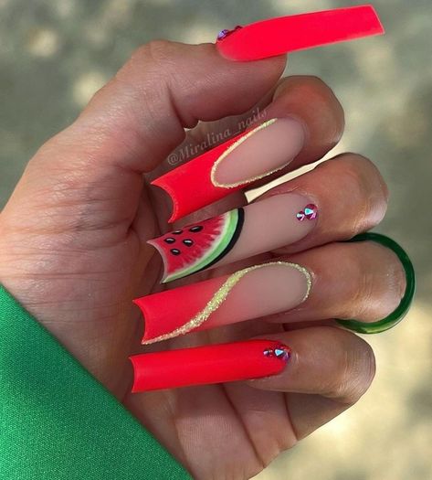 Orange And Green Nail Designs, Green Nails With Glitter, Orange And Green Nails, Nails For 2023, Rasta Nails, Acrylic Nail Designs Classy, Watermelon Nail Art, Rave Nails, Neon Orange Nails