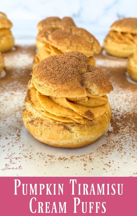 Fall Flavored Cream Puffs, Pumpkin Spice Pastry Cream, Pumpkin Cream Tiramisu, Pumpkin Pie Cream Puffs, Pumpkin Choux Pastry, Pumpkin Marscapone Desserts, Tiramisu Cream Puffs, Fall Cream Puffs, Pumpkin Cream Puffs Recipe