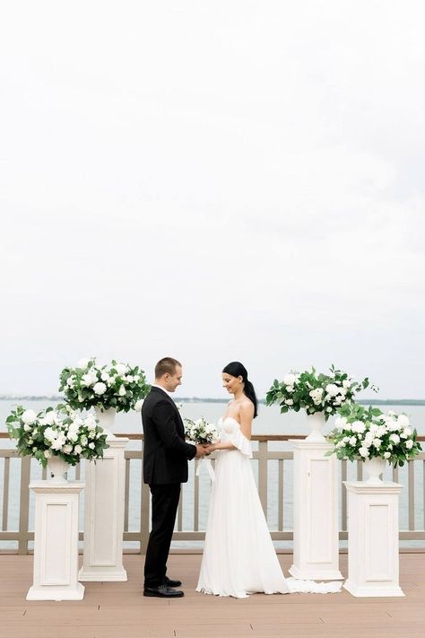 Simple Floral Ceremony Backdrop, Pillar With Flowers Wedding, Wedding Flowers Along Aisle, Wedding Alter Flowers Indoor, Wedding Alter Backdrops, Rennaisance Wedding, White Wedding Ceremony Flowers, Wedding Alter Decorations, Wedding Alter Flowers