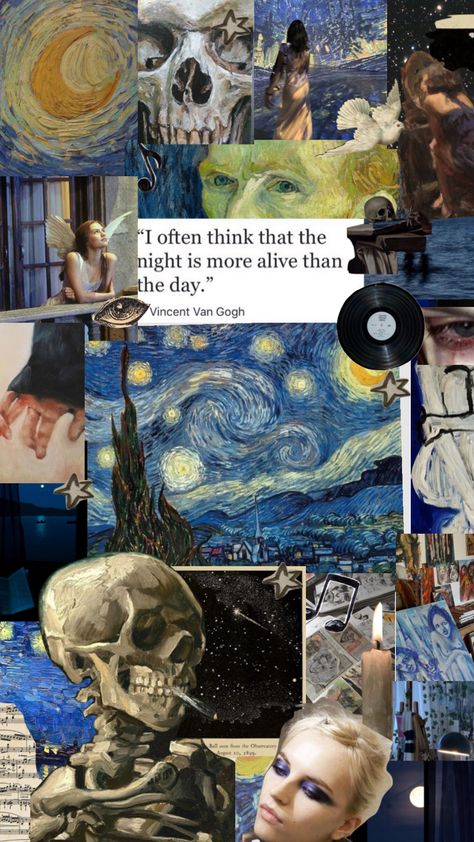 Night Aesthetic Collage, Starry Night Aesthetic, Cool Cover Photos, Van Gogh Aesthetic, Cool Black Wallpaper, Starry Night Wallpaper, Painted Closet, Collage Moodboard, Starry Night Painting