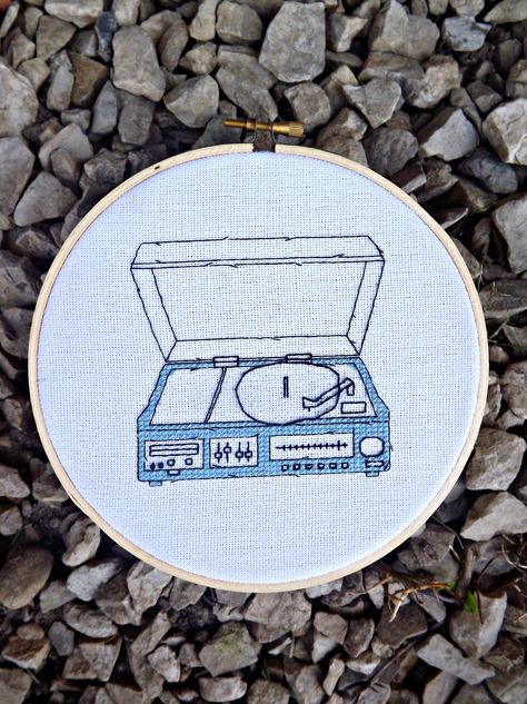 Hook Stitch Hoop // Vintage Record Player Record Cross Stitch, Disco Ball Cross Stitch Pattern, Disco Cross Stitch, Album Cover Cross Stitch, Music Themed Embroidery, Vintage Record Player, Vinyl Player, Tiny Cross Stitch, Thrift Flip