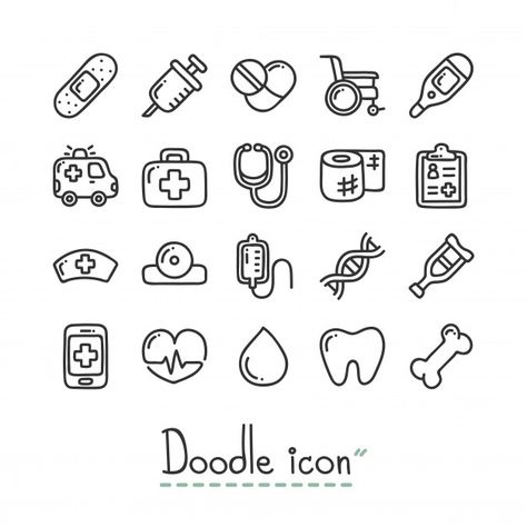 Medical. cute doodle icons. Premium Vect... | Premium Vector #Freepik #vector #heart #computer #line #medical Cute Doodle Icons, Medical Drawings, Doodle Icons, Medical Tattoo, Dibujo Simple, Sketch Note, Health Icon, Bullet Journal Paper, Cute Doodle