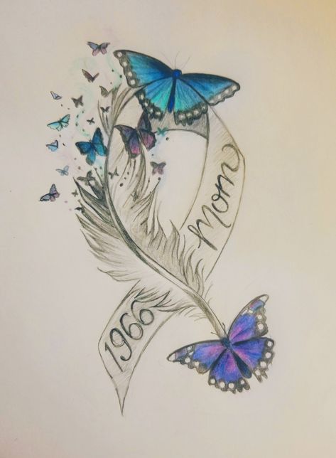 Mom Memory Tattoos Daughters, Mom Simple Tattoos, Feather Ribbon Tattoo, Mum Memory Tattoo, Mum Butterfly Tattoo, Butterfly Tattoo With Ribbon, Memorial Tattoo Ideas Mom, Butterfly And Feather Tattoo Ideas, Rip Tattoos For Mom Ideas In Memory Of