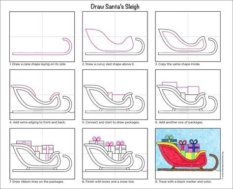 Easy How to Draw Santa’s Sleigh Tutorial Video and Coloring Page How To Draw Santa's Sleigh, Sleigh Coloring Page, Draw Santa, How To Draw Santa, Winter Art Projects, Art Lessons For Kids, Christmas Coloring, Santa Sleigh, Christmas Drawing