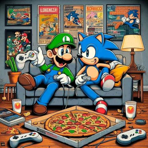 Mario Vs Sonic, Mario And Sonic, Mario Fan Art, Marvel Superheroes Art, Retro Gaming Art, Video Game Fan Art, Super Mario Art, Nintendo Art, Super Mario Brothers