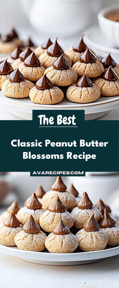 Indulge in the timeless delight of Classic Peanut Butter Blossoms. This recipe combines rich peanut butter cookies with a sweet chocolate kiss on top, creating the perfect balance of flavors. Perfect for holiday gatherings or any sweet craving, these cookies are sure to be a hit! Peanut Butter Blossoms Recipe, Butter Blossoms, Peanut Butter Blossoms, Kisses Chocolate, Sweet Chocolate, Peanut Butter Cookies, Holiday Gathering, Butter Cookies, No Time