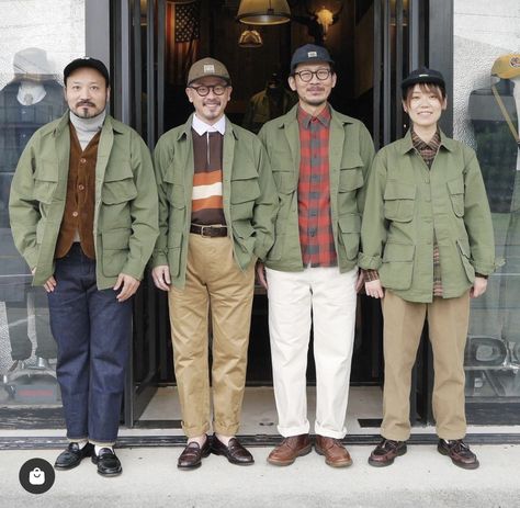 Vintage Green Jacket Outfit, Green Army Jacket Outfit, Field Jacket Outfit, Outfits For Big Men, Japanese Street Fashion Men, Japanese Americana, M65 Field Jacket, City Boy, Army Fashion