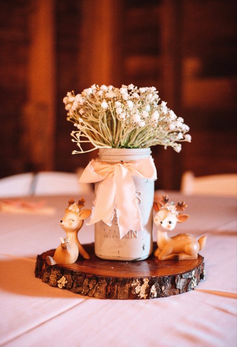 Such a simple & adorable center piece! We used these for our Woodland Girl Themed baby shower in May! Ribbon linked in seperate pin, shop the little deer used here! 🦌🌸 Woodland Fairy Baby Shower Ideas, Fawn Baby Shower Ideas Girl, Deer Themed Baby Shower Girl, Oh Deer Baby Shower Ideas, Bambi Baby Shower Ideas Centerpieces, Forest Baby Shower Theme Girl, Pink Woodland Baby Shower Theme, Woodland Themed Baby Shower Girl, Baby Girl Woodland Shower Ideas