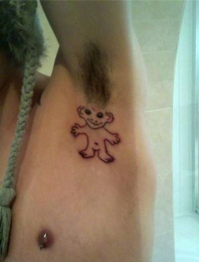 Lol Armpit Tattoo, Doll Tattoo, Weird Tattoos, Bad Tattoos, Horror Tattoo, A Monkey, Funny Tattoos, Troll Dolls, Design Tattoo