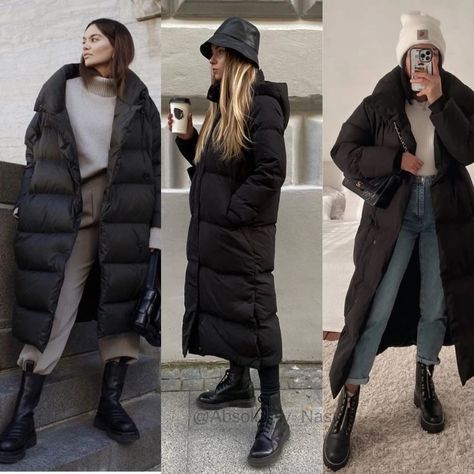 Puffer Coat Outfit Aesthetic, Leggings Puffer Jacket Outfit, Outfits With Long Puffer Jackets, Long Padded Coat Outfit, Plumiferos Mujer Outfit, Long Puffer Jacket Outfit Street Style, Black Long Puffer Jacket Outfit, Long Puffer Jacket Outfit Winter Style, Down Jacket Outfit Winter