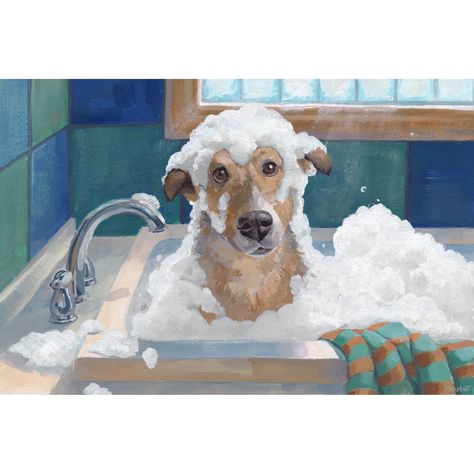 The soulful eyes of this dog warm your heart. He sits in the bathtub almost entirely overtaken by bubbles. They're on his head, ears and face. He looks so sweet against the blue and green checked wall of the bath. Checked Wall, Soulful Eyes, Bath Paint, In The Bathtub, Square Painting, Bath Art, Wooden Bars, Dog Bath, Best Canvas