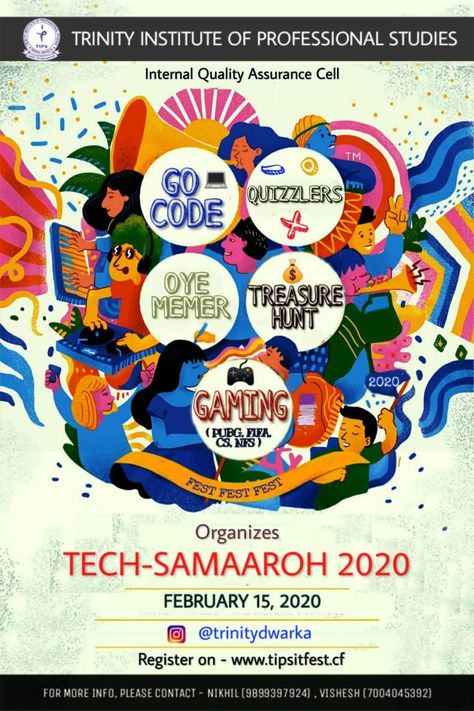 You all are cordially invited to be a  part of  *TECH SAMAAROH 2020*. An intra- college IT Fest organized by CS & IT Department of *Trinity Institute of Professional Studies*, Dwarka.  Keep yourself free on 15th February 2020, to compete on a big platform and join us  for " *TECH-SAMAAROH"*  ⏳⏳ *HURRY UP!!!!*⏳⏳ College Fest Poster Design, College Cultural Fest Posters, Tech Fest Poster, Sports Day Poster, College Fest, Art Festival Poster, It Department, College Event, Potter Wallpaper