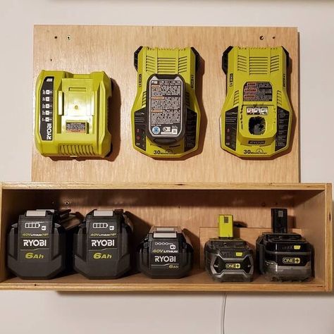 Charger Station - RYOBI Nation Projects Ryobi Charging Station, Ryobi Battery Charging Station, Battery Charging Station Ideas, Power Tool Battery Charging Station, Tool Charger Station, Ryobi Battery Storage, Charging Station Shelf, Battery Charger Station, Tool Shed Organizing