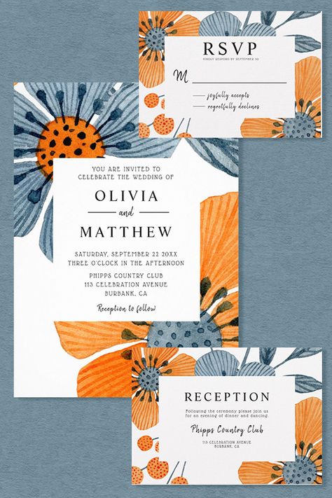 This unique wedding invitation suite with its gorgeous painted orange blossom blooms and blue leaves is the perfect choice for a modern boho wedding. It includes everything you need from wedding invitation, RSVP and reception cards to on the day stationery. #weddings #weddinginvites #orangeblossom #orangewedding #bluewedding Orange Wedding Stationery, Orange Blue Wedding, Modern Boho Wedding, Unique Wedding Invitation, Wedding Invitation Rsvp, Reception Card, Orange Wedding, Unique Wedding Invitations, Blue Leaves