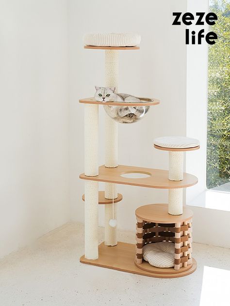 56.3 Cream Mat Wood Cat Tree - ZezeLife Wood Cat Tree, Cat Tree Designs, Cat Gym, Cow Cat, Modern Cat Tree, Cat House Diy, Cat Ball, Cat Stands, Cat Cave