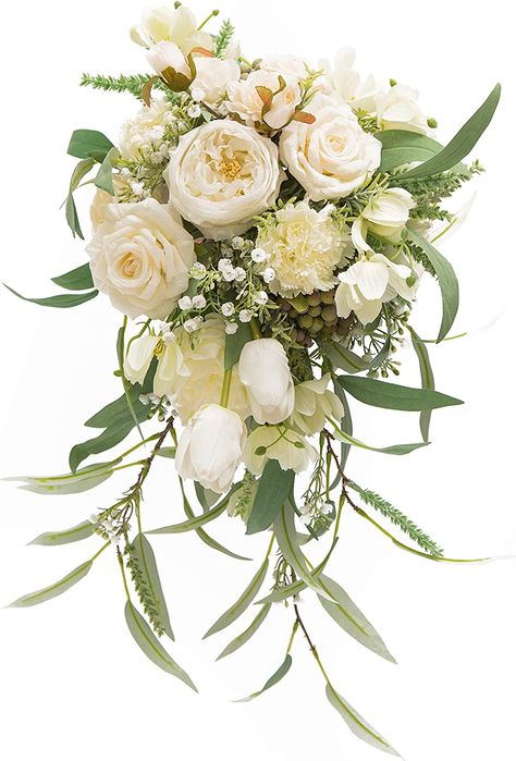 INCLUDING: This Ivory bridal bouquet is made of 9 Austin Roses, 2 white Babylon Roses and one wet-feeling Austin Rose, paired with greenery eucalyptus leaf and Baby’s Breath, carnations, peonies, soft touch Tulip, made a romantic, bridal posy, rustic weddings, festivals, vintage parties, church, snapshot etc. Cascading Bouquet Wedding, Fabric Bouquet Wedding, Bridal Bouquet Cascading, White Greenery Wedding, Wedding Artificial Flowers, Greenery Bridal Bouquet, Ivory Bridal Bouquet, Silk Flower Bridal Bouquet, Artificial Bridal Bouquets