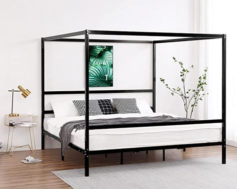 Amazon.com: Bonnlo Black Canopy Bed Frame King with Headboard, Four Poster Bed Frame King, Metal : Home & Kitchen Poster Bed Frame, Black Canopy Bed, Four Poster Bed Frame, King Metal Bed Frame, Bedroom 2023, Metal Canopy Bed, Bed Frame King, King Size Platform Bed, Canopy Bed Frame