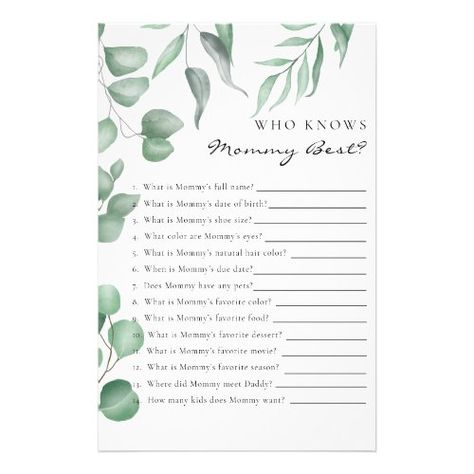 $ 0.61 | Eucalyptus Baby Shower Game Who knows Mommy Best - gender neutral, modern elegant, script, eucalyptus baby shower, watercolor, botanical, foliage, green white, baby shower game, who knows mommy best Who Knows Mommy Best Game, Baby Shower Stationary, Baby Shower Sweets, Who Knows Mommy Best, How Many Kids, Baby Shower Game, Baby Shower Gender Reveal, Sweet Sixteen, Fathers Day Cards