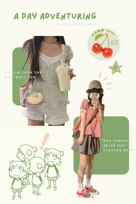 Green gingham babydoll top with a white lace ruffle camisole and white shorts. The girl is holding a milkshake and a piece of cake. Red gingham babydoll blouse with a beige pleated skirt and red converse. Beige sunhat. Green Yotsuba print and a vintage cherry Japanese stamp. Gingham Skirt Outfit Summer, Animal Crossing Inspired Outfits, Shoujo Inspired Outfits, Animal Crossing Summer Outfit, Junimocore Outfits, Studio Ghibli Outfits Aesthetic, Shoujo Girl Outfit Summer, Ghibli Aesthetic Outfit, Japanese Outfits Summer