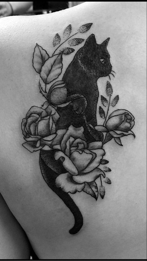 #Tattoo #cat Cat Shoulder Tattoo, Cat And Rose Tattoo, Dash Tattoo, Roses On Shoulder, Cat Tattoo Flowers Design, Black Cat Tattoo Ideas, Cat With Roses Tattoo, Cat And Flower Tattoo Sleeve, Black Cat Flowers Tattoo