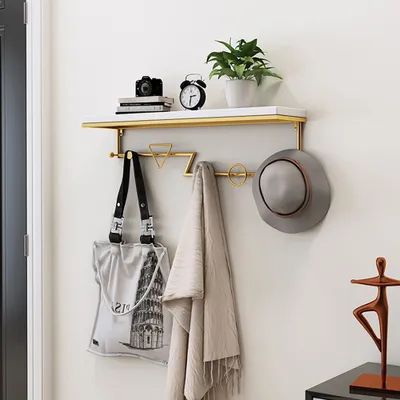 Modern Decor Wall Mounted Coat Rack with Shelving Coat Rack Entryway Small Spaces, Awkward Entryway Ideas, Coat Hooks Hallway, Circle Decor, Entryway Coat Rack, Corner Wall Shelves, Wall Shelves Design, Coat Stand, Gold Triangle