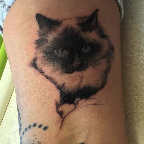 Ragdoll Cat Tattoo Ragdoll Tattoo Designs, Ragdoll Cat Tattoo, Ragdoll Tattoo, Cat Tattoo Simple, Realistic Watercolor, Grey Shades, Cat Tattoo Designs, Gaming Tattoo, Tat Ideas