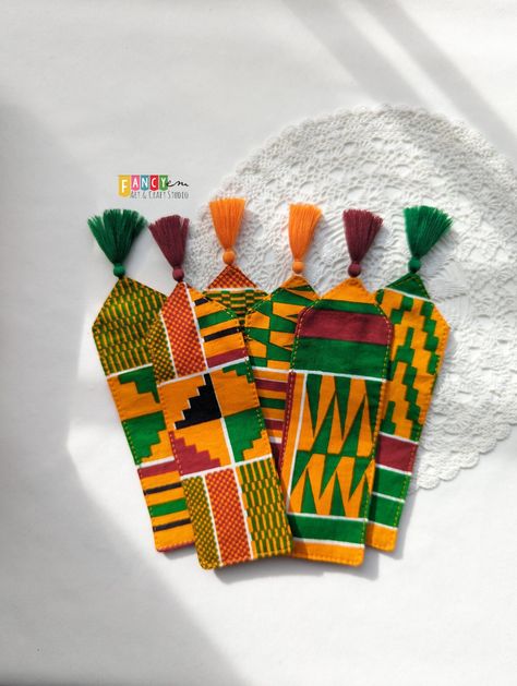 Kente Cloth Art Lesson Project For Kids, Ghana Fabric, African Earrings Handmade Fabrics, Ankara Notebooks, African Fabric Accessories, African Products, Kwanzaa Crafts, Curio Shop, Ankara Accessories