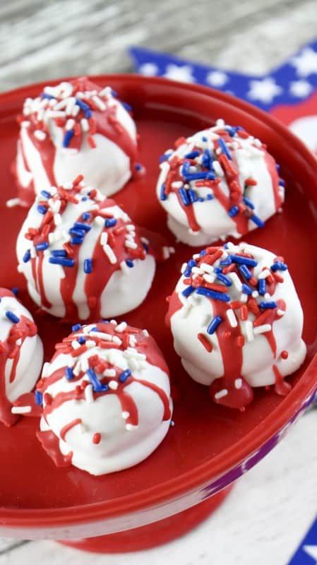 Patriotic Cake Truffles - Southern Plate Cake Batter Truffles, Patriotic Cake, Southern Plate, Patriotic Food, 4th Of July Cake, 4th Of July Desserts, Fourth Of July Food, Cake Truffles, Cake Balls