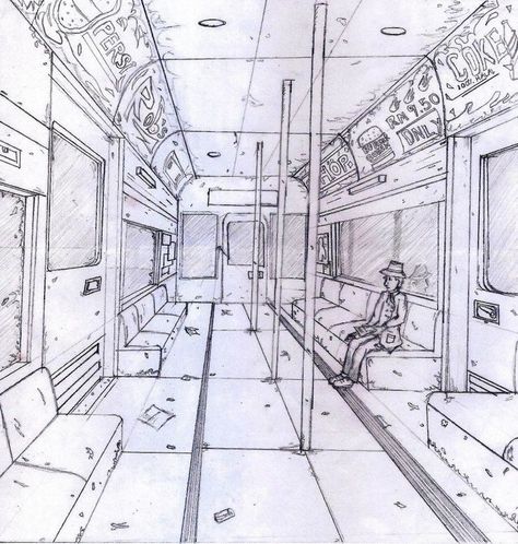 Subway Perspective Drawing, Inside Subway Train Drawing, Subway Sketch Drawings, Metro Sketch, Subway Sketch, Subway Drawing, 1 Point Perspective Drawing, Train Drawing, Perspective Sketch