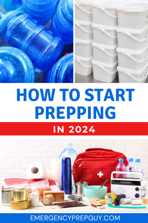 A collection of essential emergency supplies including water, food, and a first aid kit, ideal for beginners seeking prepper tips, hacks, and ideas. Prepping On A Budget, Prepping 101, Prepper Tips, Prepping For Beginners, Emergency Preparation, Being Prepared, Emergency Plan, Urban Survival, Emergency Prepping