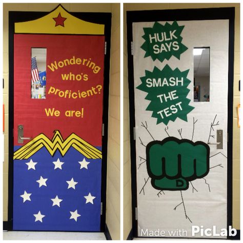 State testing classroom door decorations! Superhero themed! Superhero Classroom Door, Superhero School Theme, Hero Classroom Theme, History Classroom Decorations, Classroom Door Decorations, Superhero School, Testing Motivation, World History Classroom, Superhero Classroom Theme