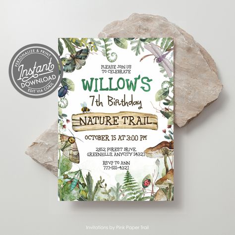 A nature theme birthday party invitation template, this can also be used for bugs themed party. Nature Themed Birthday, Woods Party, Natural Birthday Party, Nature Party, Park Birthday, Theme Nature, Camping Birthday, Birthday Party Invitation Templates, Construction Party