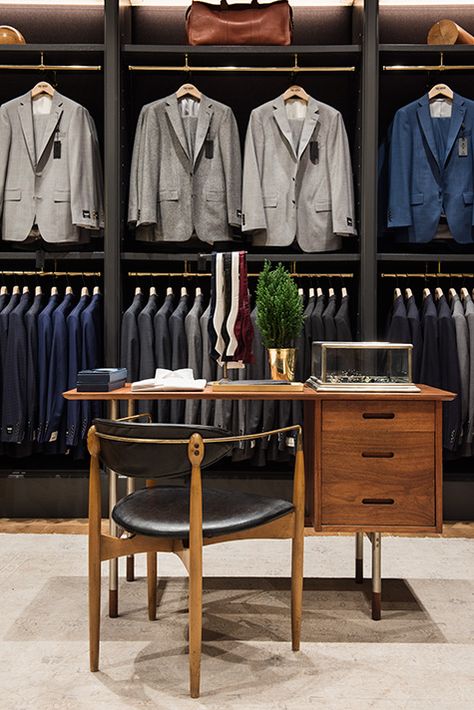 // Men Clothing Store Interior, Menswear Shop Interior Design, Mens Clothing Showroom Interior, Menswear Store Interior, Todd Snyder Lookbook, Suit Stores, Visual Merchandiser, Clothing Store Interior, Mens Clothing Store