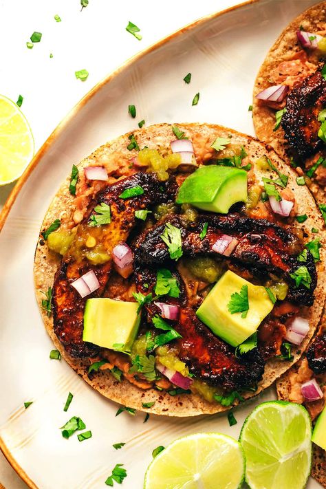 Portobello Tacos - Gimme Some Oven Portobello Tacos, Vegeterian Dishes, Vegetarian Tacos Recipes, Main Recipes, Refried Beans Recipe, Chipotle Crema, Mushroom Tacos, Sautéed Mushrooms, Potato Tacos