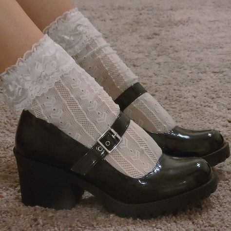 Sheer Socks With Mary Janes, Marry Jane Heels, Marry Jane’s, Heels With Lace Socks, Marry Jane Shoes Outfits, Marry Jane Outfits, Socks With Mary Janes, Mary Janes With Socks, Lace Socks With Heels