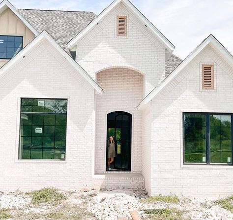 White Brick And Cedar Shake Exterior, White Hillstone Brick, White Brick Accent Exterior, Brick Home Renovation Exterior, Brick Designs On Houses, Neutral Farmhouse Exterior, Natural White Brick House Exterior, Veneer Brick Exterior, Shea Mcgee House Exterior