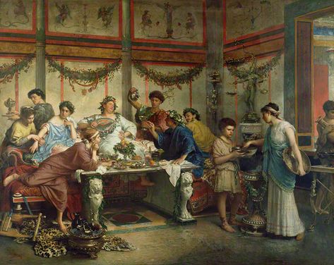 This painting by Roberto Bompiani captures a common 19th-century association of Roman dining and excess. A Roman Feast, late 1800s. The J. Paul Getty Museum Ancient Roman Food, Imperiul Roman, Great Philosophers, Rome Antique, Empire Romain, Julius Caesar, Getty Museum, Roman Emperor, Stonehenge