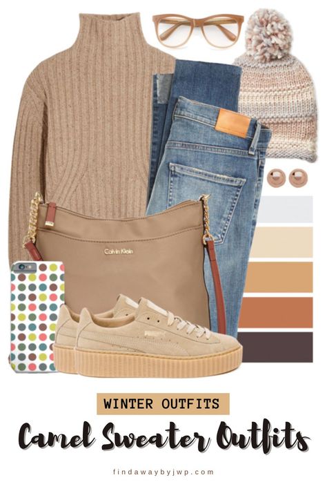 How to style a camel sweater - Fashion - Find A Way by JWP Camel Sweater Outfit Winter, Camel Top Outfit, Turtleneck And Cardigan Outfit, Camel Sweater Outfit, Tan Sweater Outfit, Camel Sweater, Light Blue Skirts, Winter Sweater Outfits, Ripped Pants