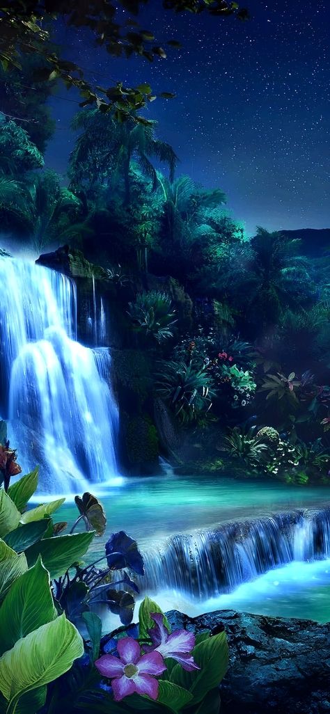 Images Of Waterfalls, Waterfall Lockscreen, Waterfall Iphone Wallpaper, Fantasy Waterfall Forest, Anime Waterfall Background, Fantasy Waterfall Art, Night Garden Painting, Waterfall Astethic, Waterfall Wallpaper Iphone