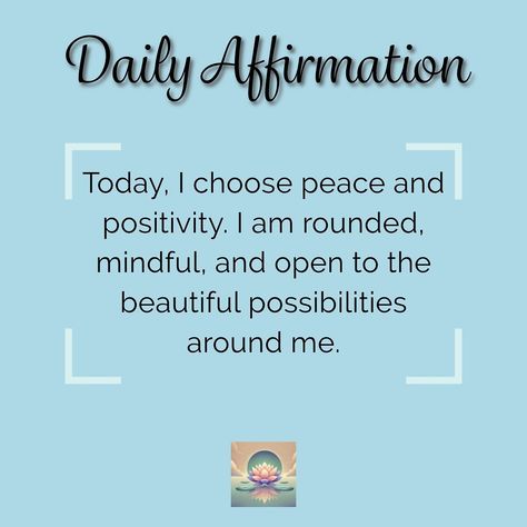 Today’s Affirmation: “Today, I choose peace and positivity. I am rounded, mindful, and open to the beautiful possibilities around me.” 🌿 Repeat this to yourself whenever you need a moment of tranquility. #dailyaffirmation #mindfulness #calm #peace I Choose Peace, Peace And Positivity, Choose Peace, I Choose, Choose Me, Daily Affirmations, Affirmations, Meditation, Mindfulness